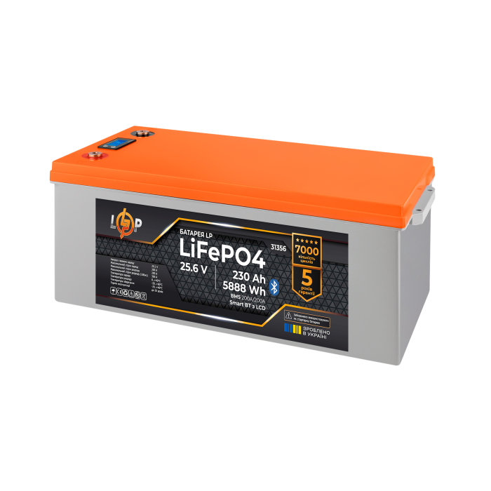 Акумулятор LP LiFePO4 25,6V - 230 Ah (5888Wh) (BMS 200A/200А) пластик LCD Smart BT Акумулятор LP LiFePO4 25,6V - 230 Ah (5888Wh) (BMS 200A/200А) пластик LCD Smart BT